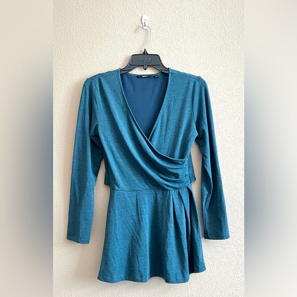 Betabrand Pose Teal Wrap Peplum Top